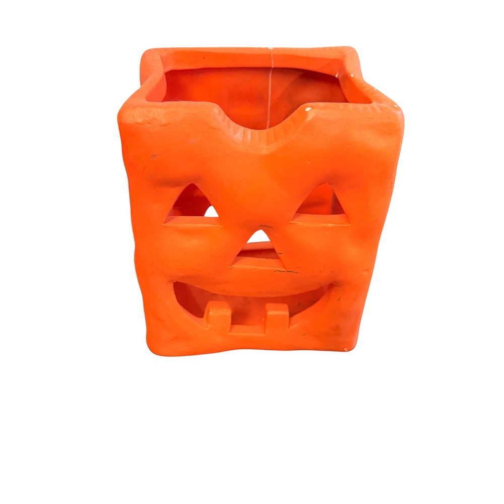 Vintage Orange Ceramic Square Jack O' Lantern Halloween Votive Candle Holder